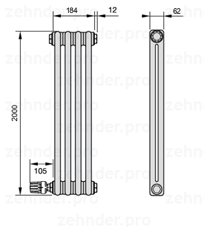 Схема (чертеж) Радиатор Zehnder Charleston 2200/4 №V003 Белый глянцевый RAL 9016